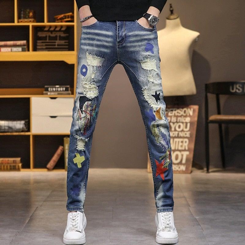 JJD Men’s Distressed Embroidery Jeans - AM APPAREL