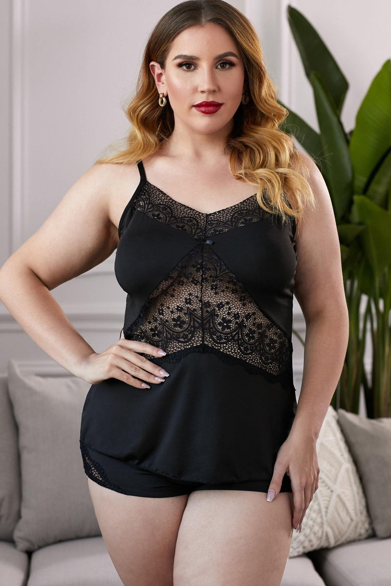 Lace Insert Plus Size Pajamas Set - AM APPAREL