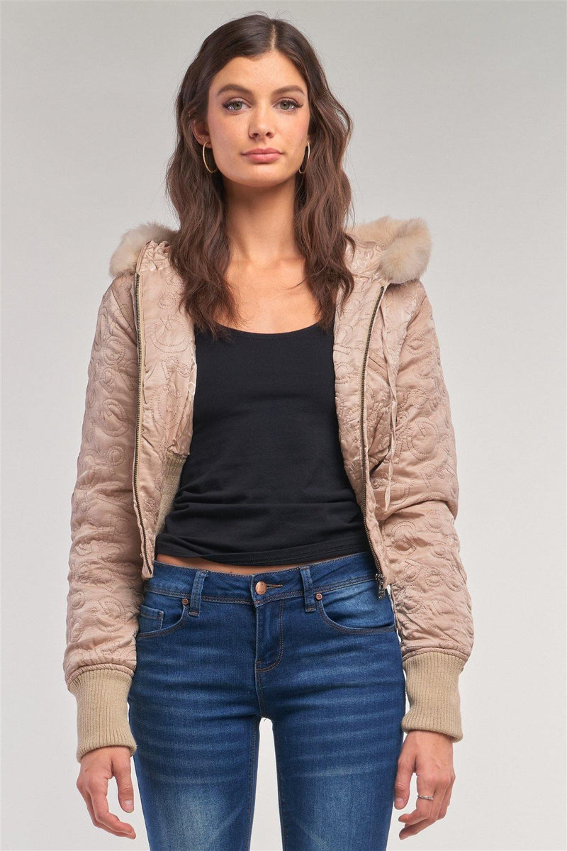 Letter Printed Zip-up Faux Fur Hood Detail Cropped Winter Bomber Jacket - AM APPAREL