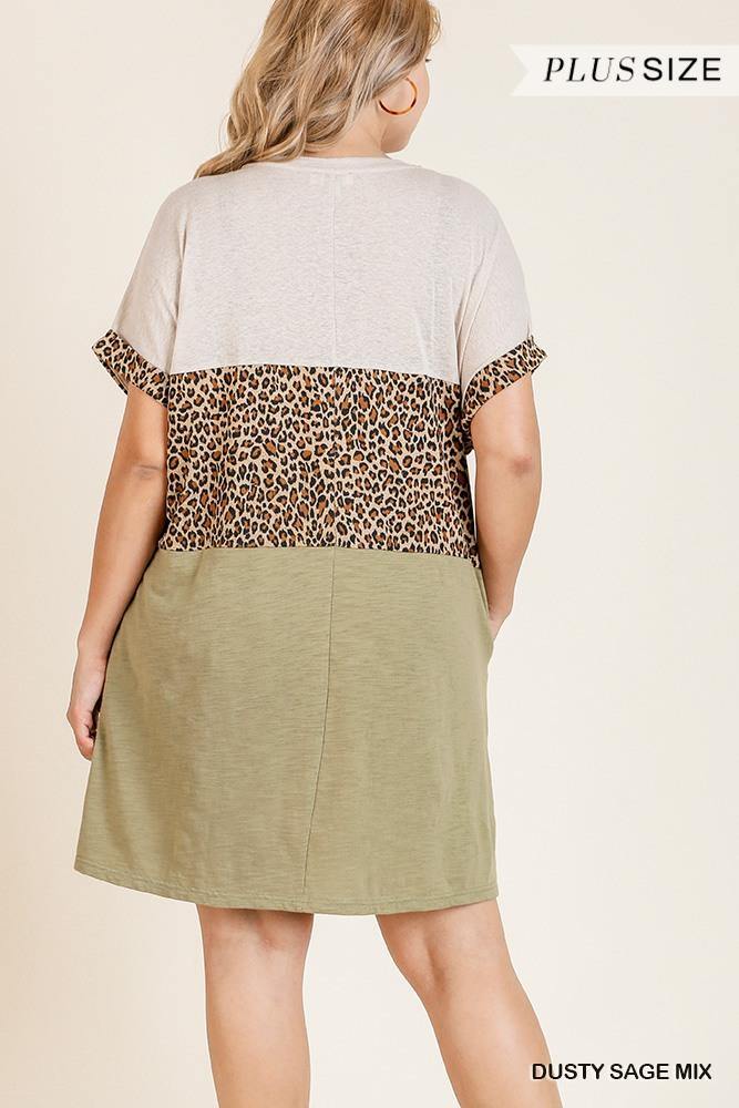Linen Blend Short Folded Sleeve Animal Print Dress - AM APPAREL