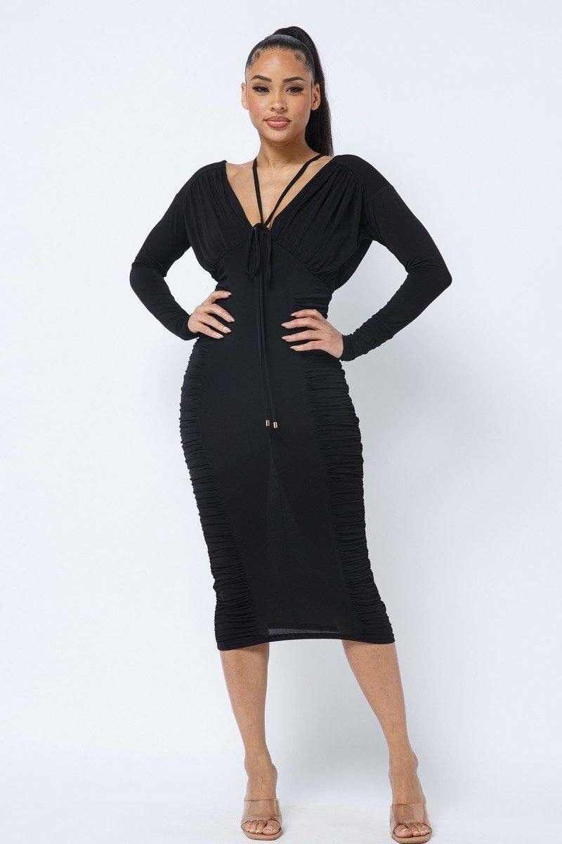 Long Sleeve Midi Dress With Ruching On Sides And Chest - AM APPAREL