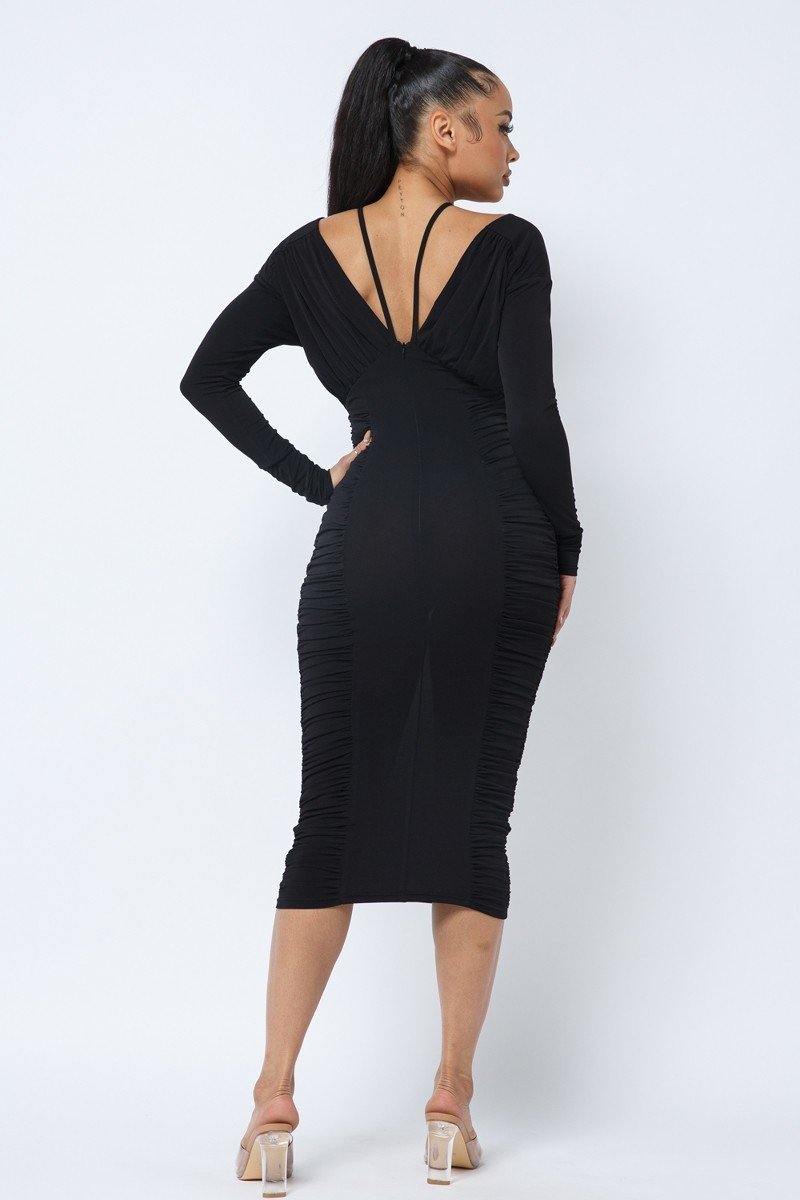 Long Sleeve Midi Dress With Ruching On Sides And Chest - AM APPAREL