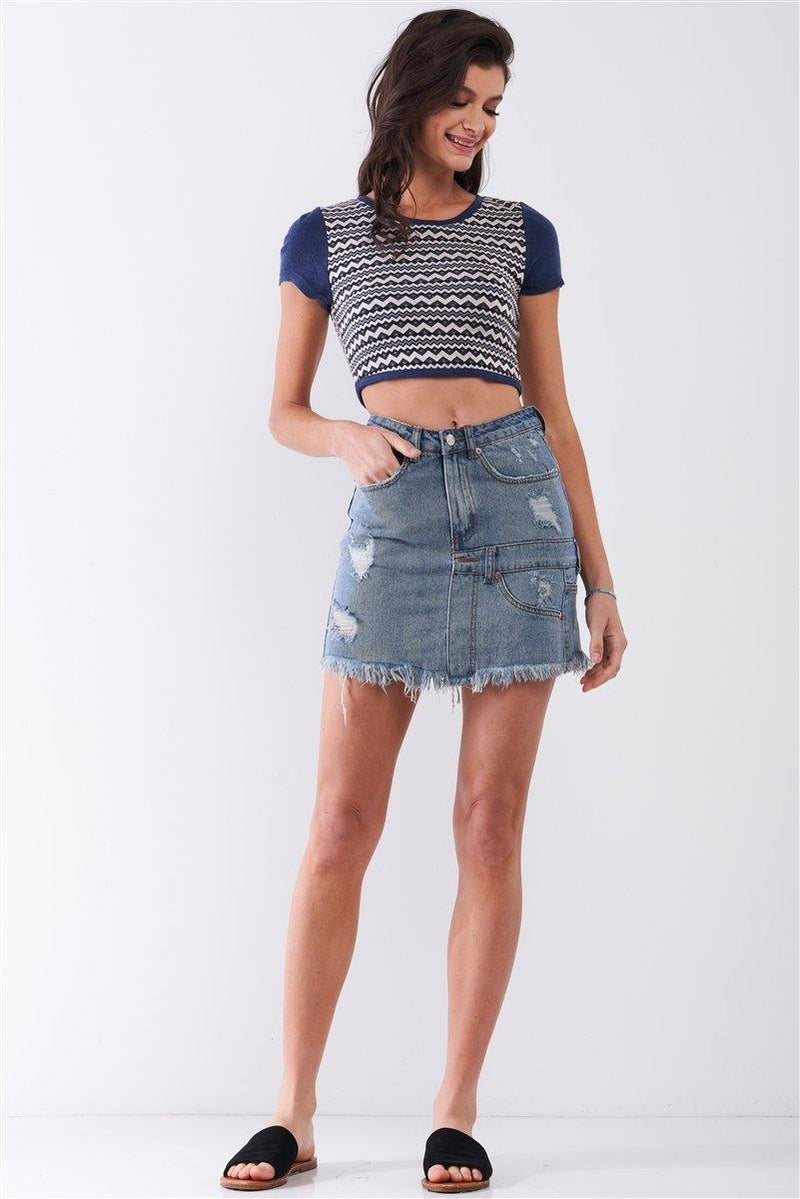 Medium Blue Denim High-waist Distressed Effect Asymmetrical Trim Raw Hem Detail Mini Skirt - AM APPAREL