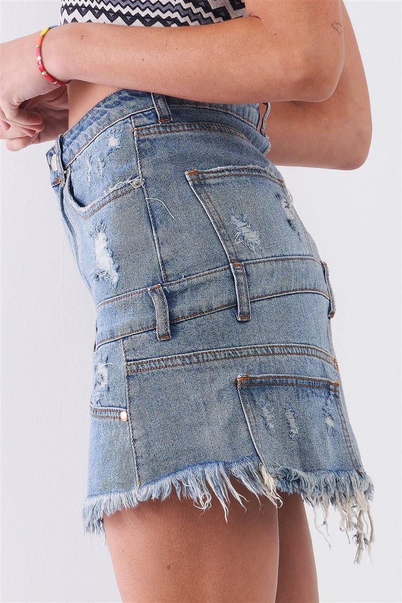 Medium Blue Denim High-waist Distressed Effect Asymmetrical Trim Raw Hem Detail Mini Skirt - AM APPAREL