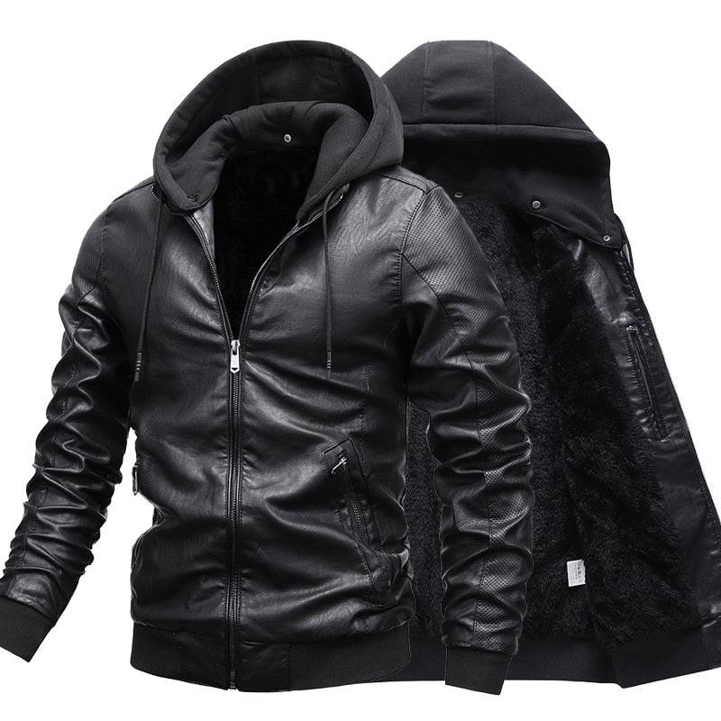 Men's Hooded PU Leather Thick Winter Jackets - AM APPAREL