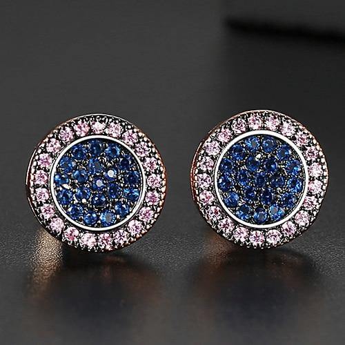 Men's Blue Round Zirconia Stud Earrings - AM APPAREL