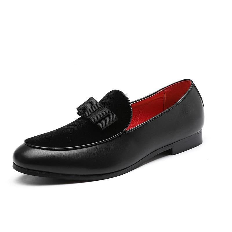 Men's Bowknot Detail Faux Leather Loafers - AM APPAREL