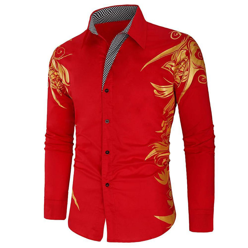 Men's Casual Gold Print Light Weight Elastic Shirt - AM APPAREL