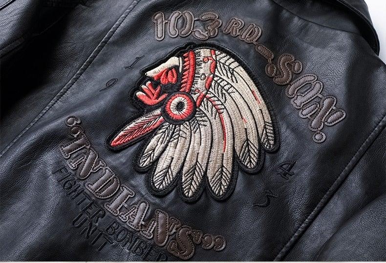 Men's Embroidered Motorcycle Faux Leather Jacket - AM APPAREL