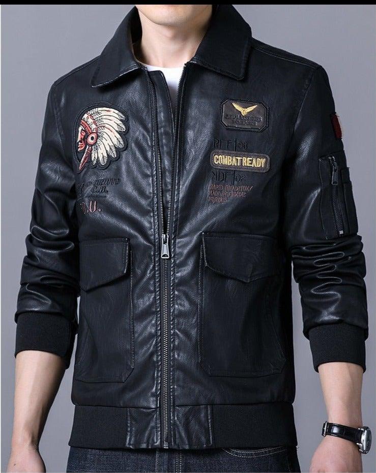 Men's Embroidered Motorcycle Faux Leather Jacket - AM APPAREL