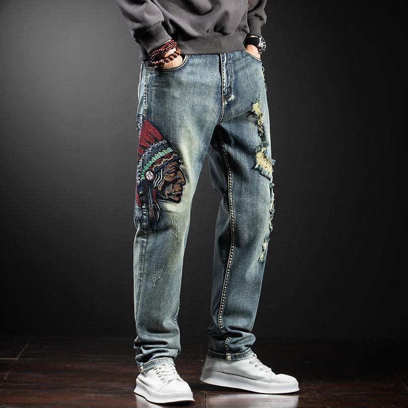 Men's Embroidery Distressed Loose Fit Jeans - AM APPAREL