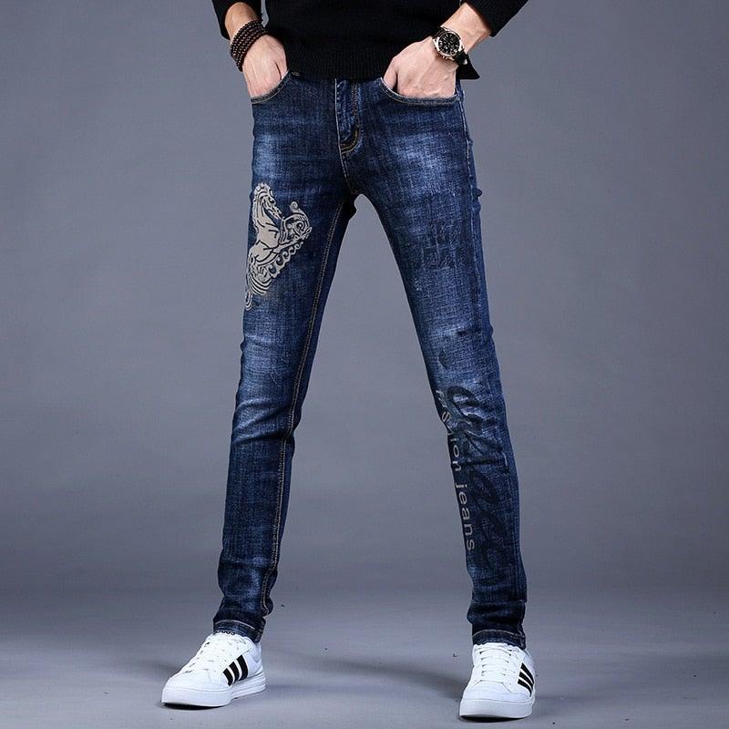 Men's Embroidery Trendy Straight Slim Fashion Jeans - AM APPAREL