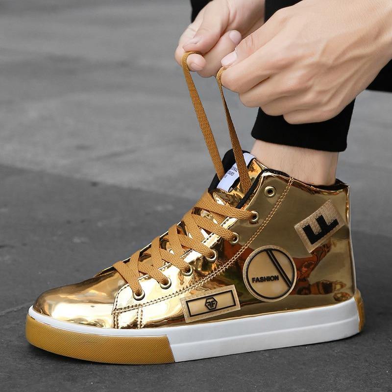 Men's Faux Leather High Top Shinny Sneakers - AM APPAREL