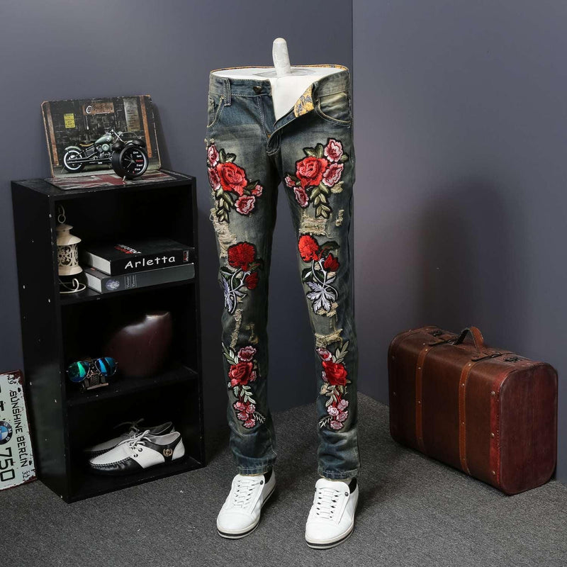 Men's Flower Embroidery Skinny Jeans - AM APPAREL