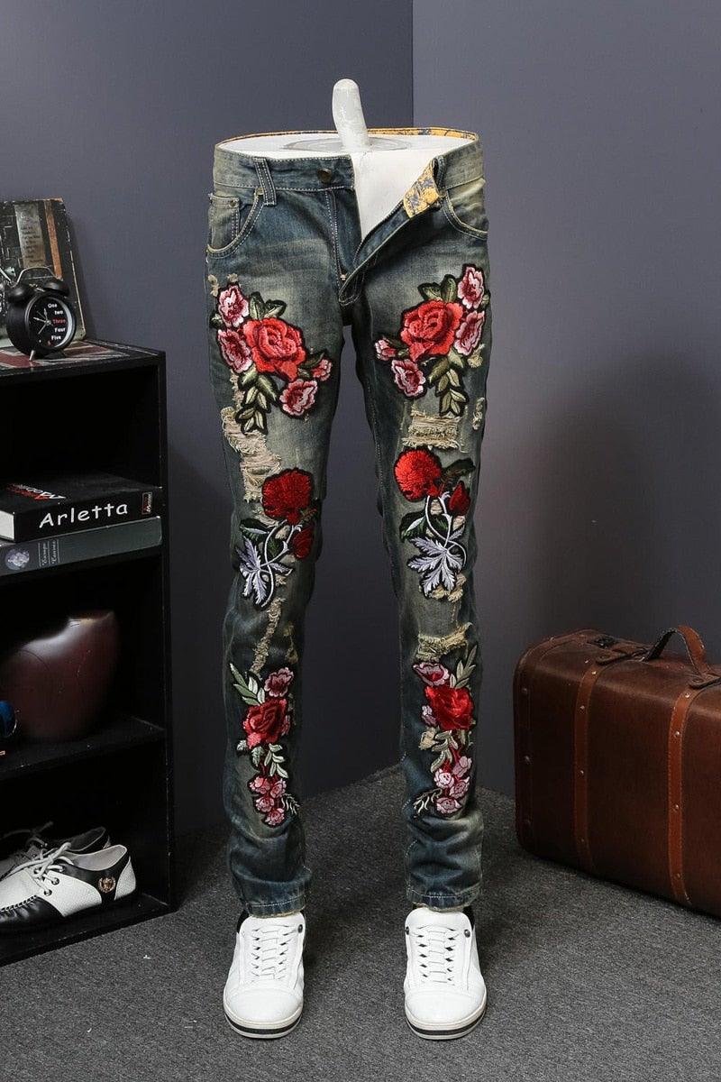 Men's Flower Embroidery Skinny Jeans - AM APPAREL