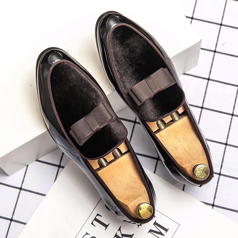 Men's Formal Patent Leather Loafers W/ Bow Tie Details - AM APPAREL