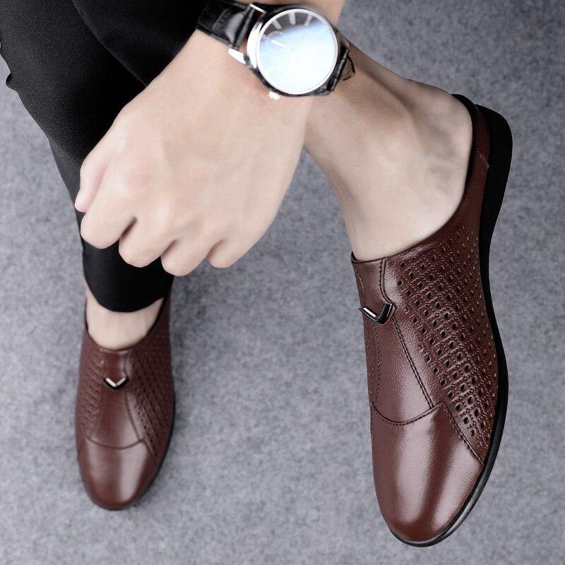 Men's Genuine Leather Mules Backless Loafers - AM APPAREL