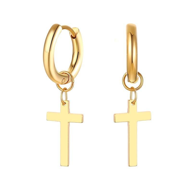 Men's Gold Color Dangling Cross Earrings - AM APPAREL