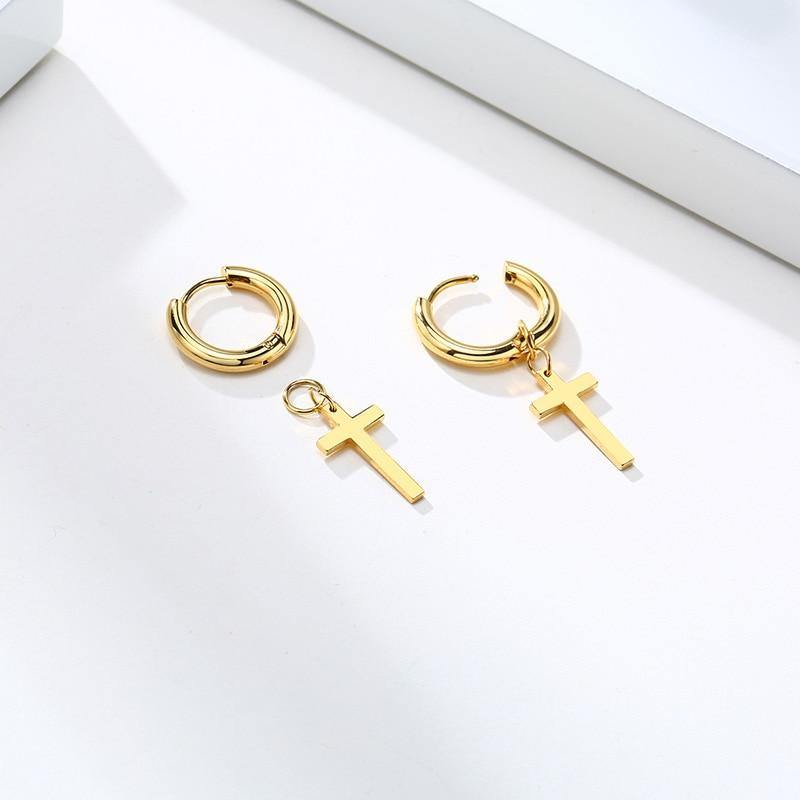 Men's Gold Color Dangling Cross Earrings - AM APPAREL