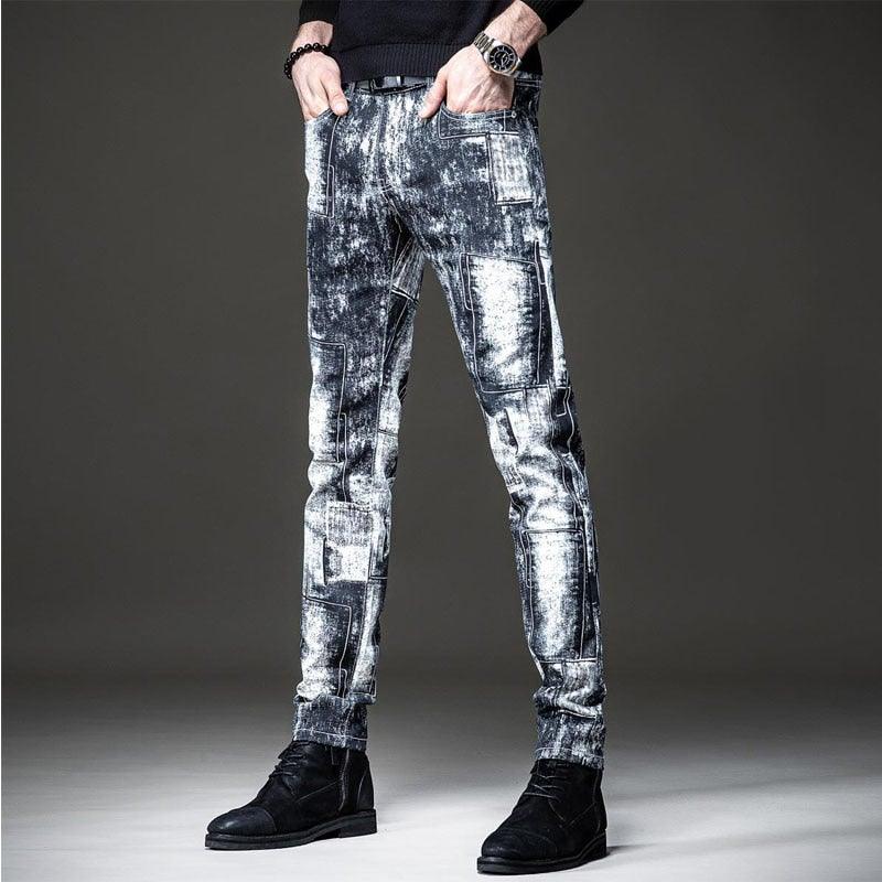 Men's Graffiti Print Patchwork Slim Fit Jeans - AM APPAREL