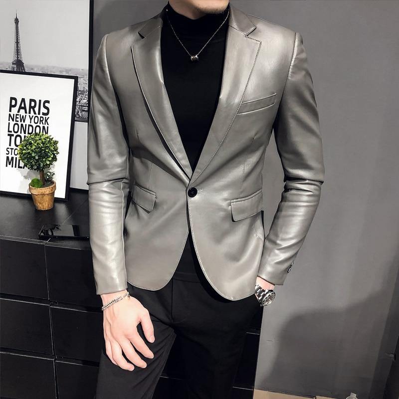 Men's Kpop Style Slim Fit Faux LeatherJacket - AM APPAREL