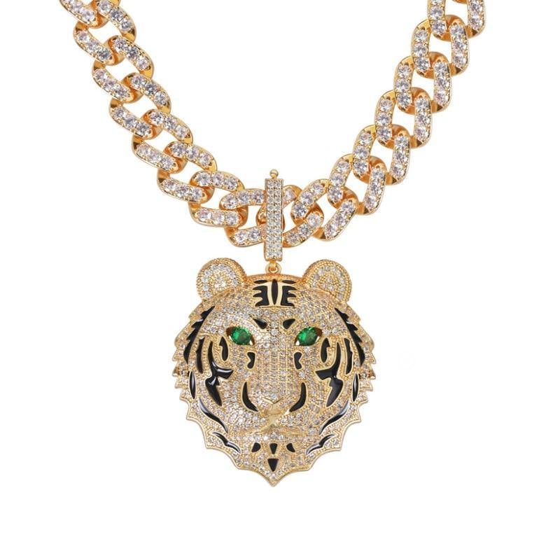 Men's Large Tiger Head Pendant Iced Out Necklace - AM APPAREL