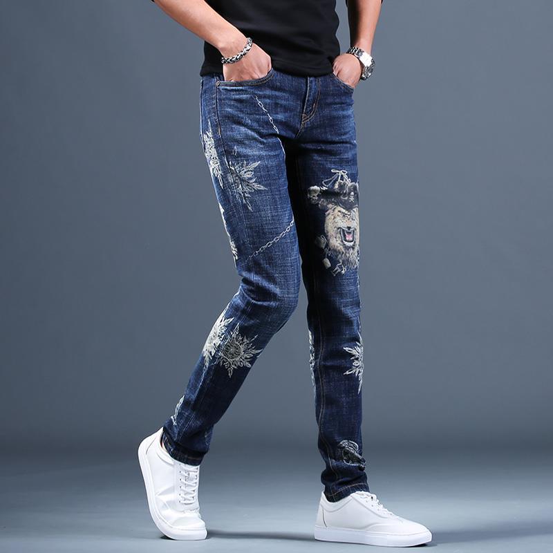 Men's Ripped Stretch Jeans W/ Embroidery Designs - AM APPAREL