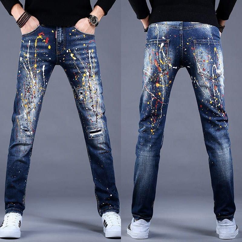 Men’s Slim Fit Denim Graffiti Ripped Jeans - AM APPAREL