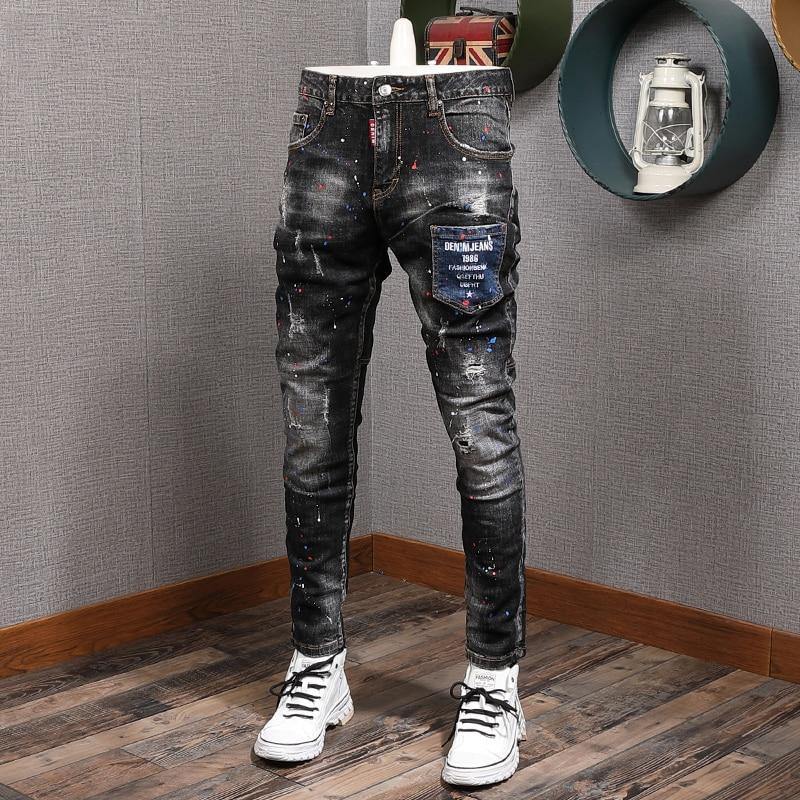 Men's Slim Fit Elastic Distressed Denim Jeans - AM APPAREL