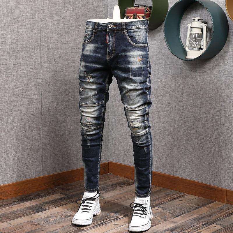 Men's Slim Fit Elastic Distressed Denim Jeans - AM APPAREL