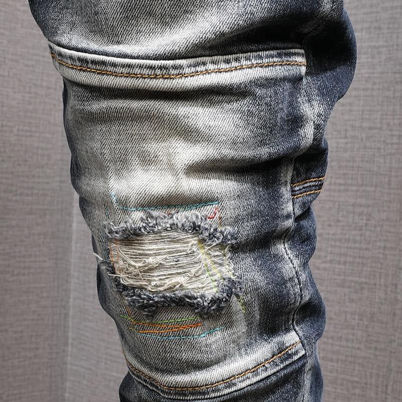 Men's Slim Fit Elastic Distressed Denim Jeans - AM APPAREL