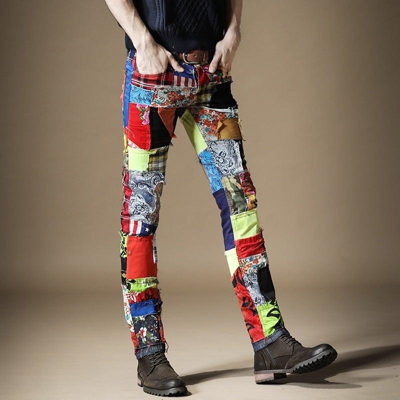 Men's Slim Patchwork Punk Style Designer Pants - AM APPAREL
