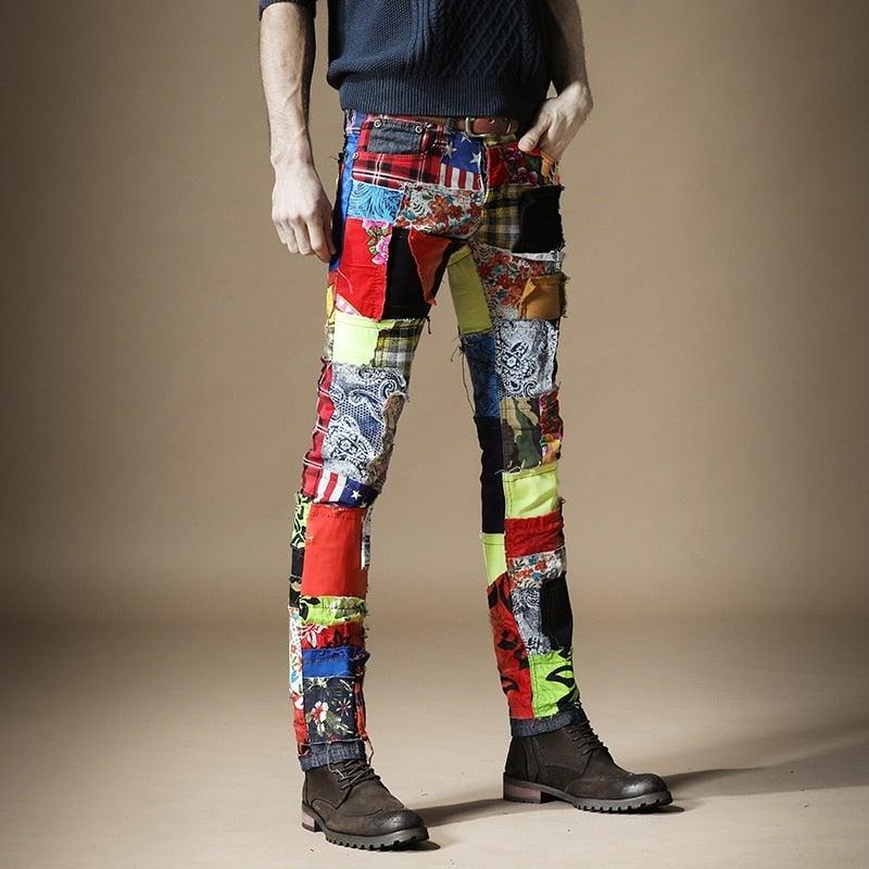 Men's Slim Patchwork Punk Style Designer Pants - AM APPAREL