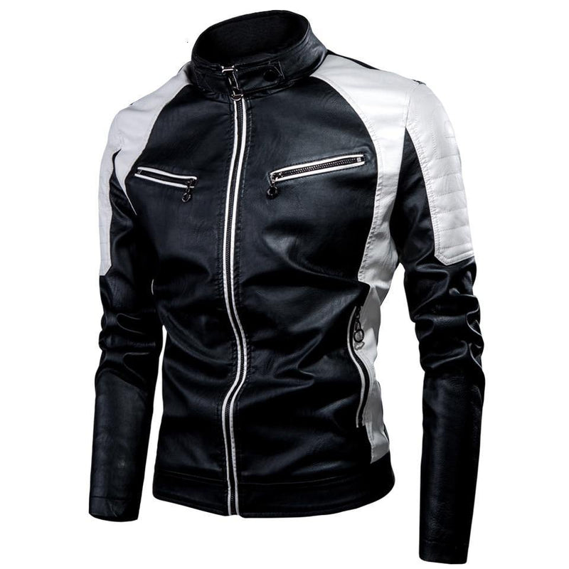 Men's Spring Casual Spliced Faux Leather Jacket - AM APPAREL