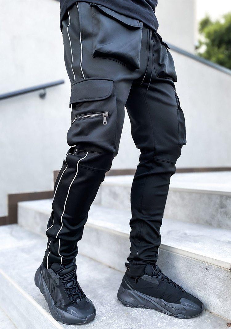 Men's Streetwear Multi-Pocket Cargo Pants W/ Reflective Lines - AM APPAREL