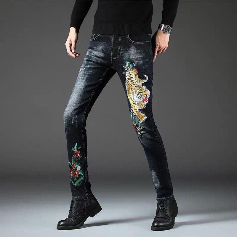 Men's Stretch Slim Fit Tiger Embroidery Jeans - AM APPAREL