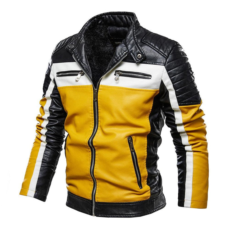 Men's Tri Color Patchwork Faux Leather Jacket - AM APPAREL