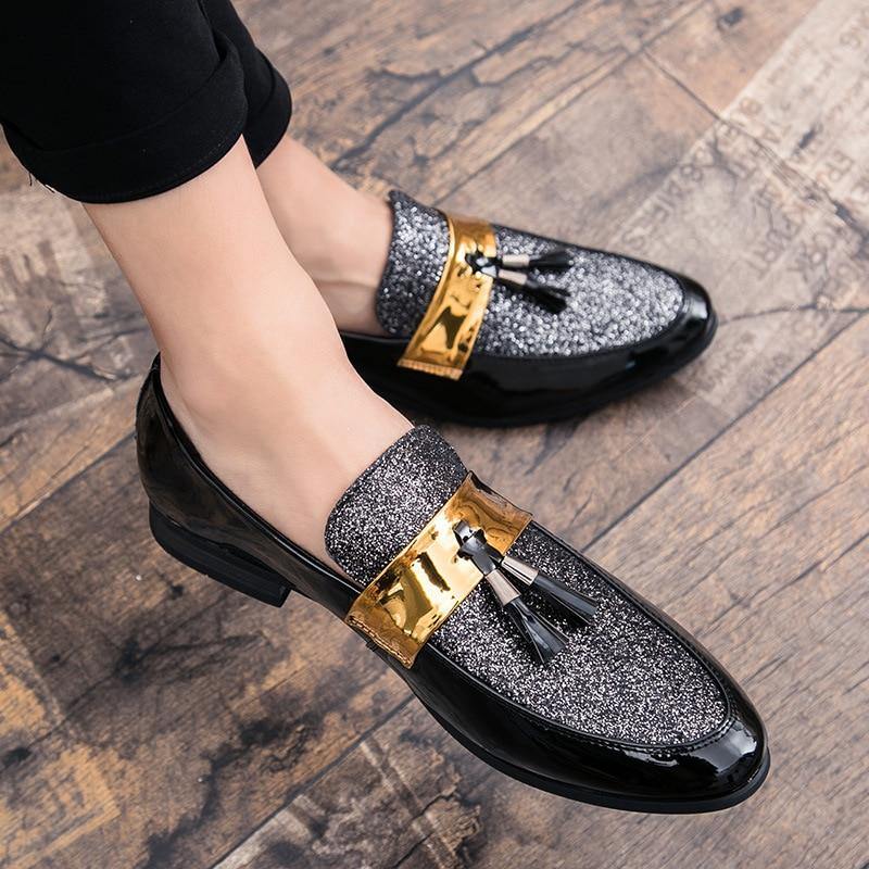 MESC Men's Formal PU Leather Glitter Loafers - AM APPAREL