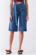 Mid Blue Denim Front Cut-out High-waist Buckle Self-tie Belt Detail Midi Flare Jean Pants - AM APPAREL