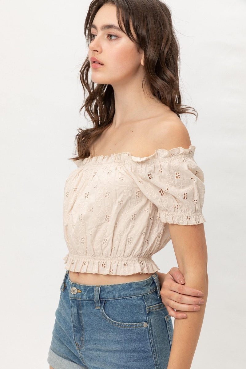Off Shoulder Cropped Puff Sleeve Top - AM APPAREL