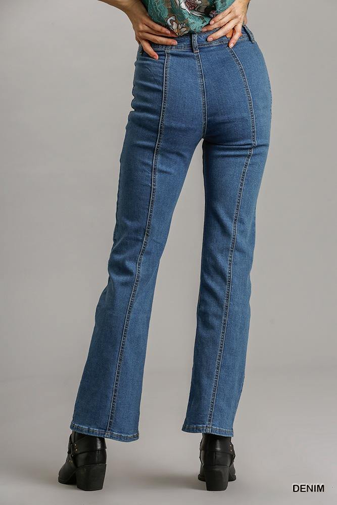 Panel Straight Cut Denim Jeans With Pockets - AM APPAREL