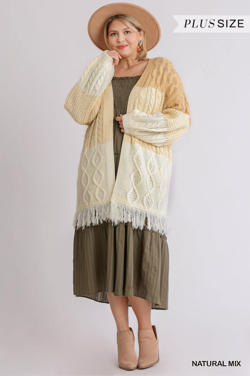 Patchwork Knitted Open Front Cardigan Sweater With Frayed Hem - AM APPAREL