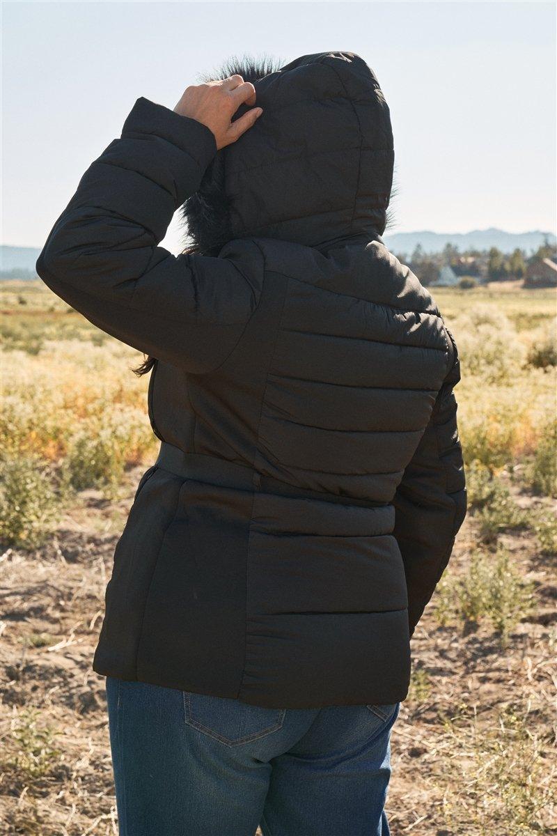 Plus Faux Fur Harness Buckle Belt Detail Long Fitted Puffer Jacket - AM APPAREL