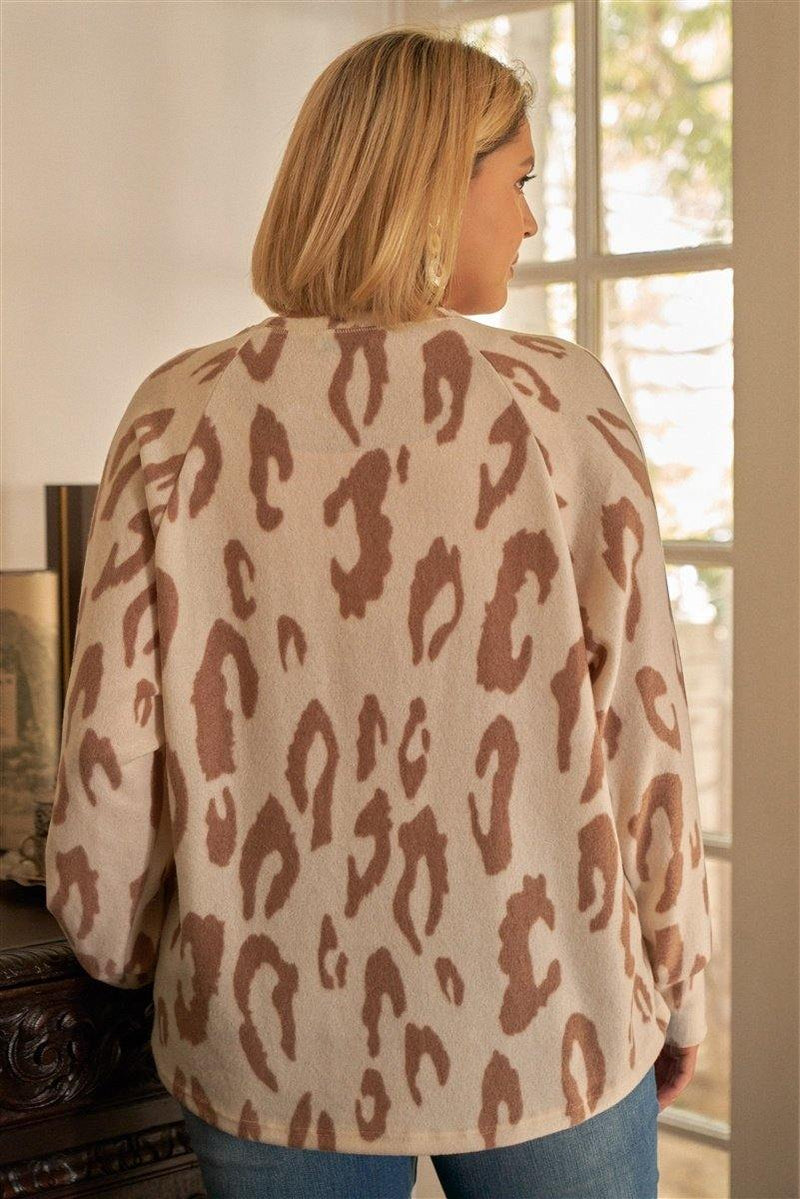Plus Ivory & Taupe Leopard Print Round Neck Long Sleeve Super Soft Sweatshirt - AM APPAREL