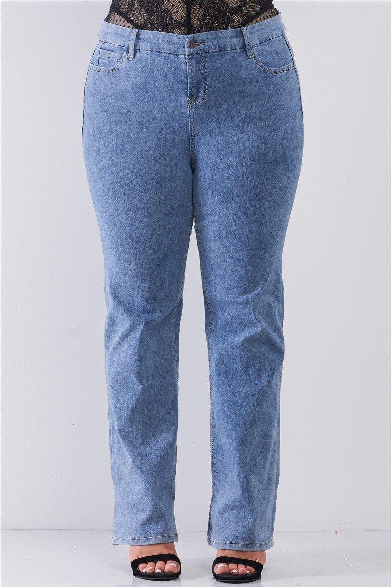 Plus Mid-wash Blue Denim Low-rise Wide-leg Upsized Basic Dad Jeans - AM APPAREL