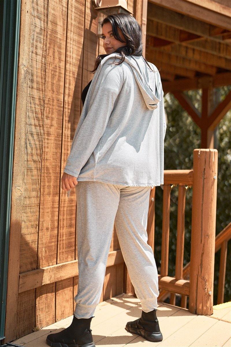 Plus Open Front Hooded Top & High-waisted Sweatpants Set - AM APPAREL
