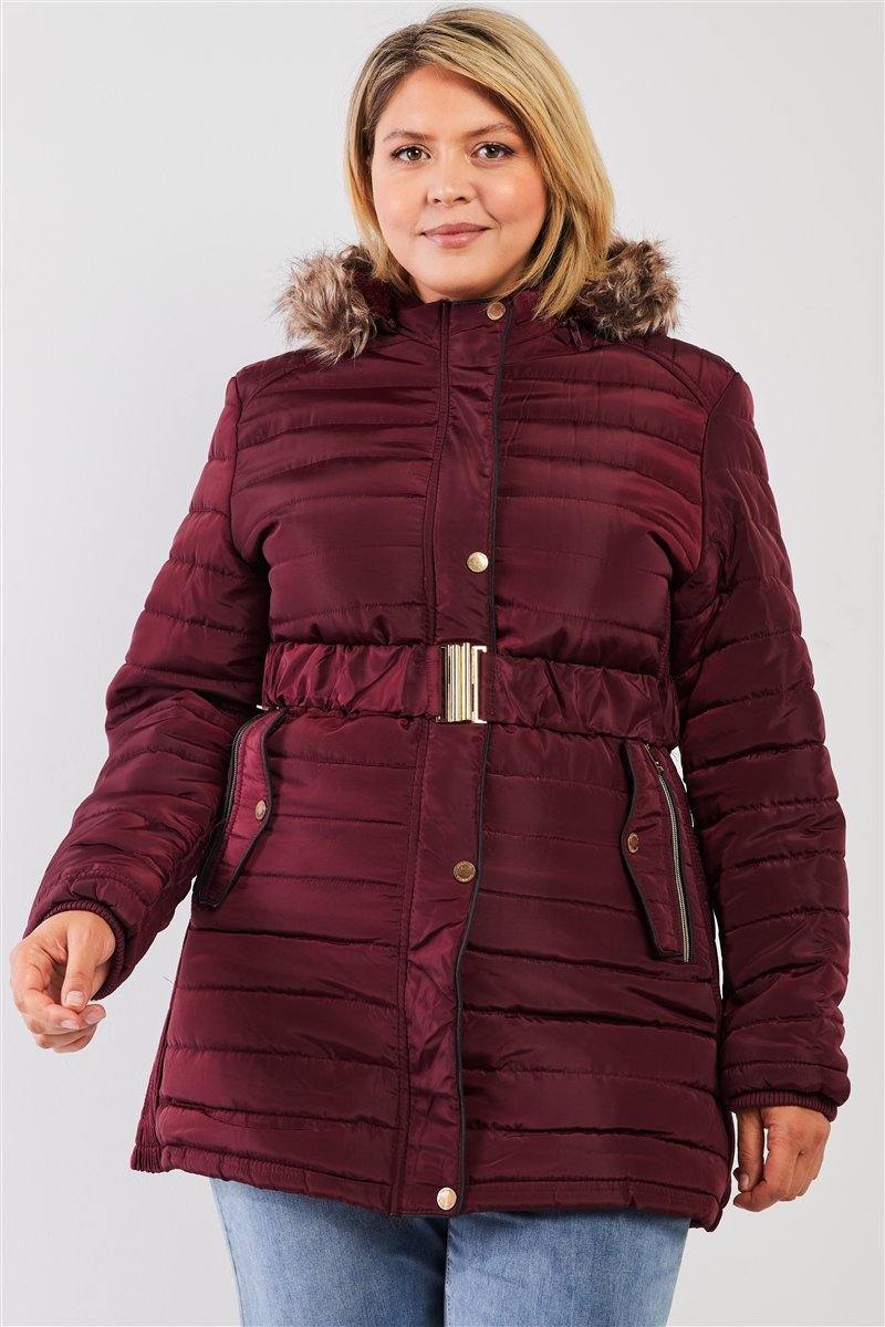 Plus Parallel Quilt Faux Fur Hood Belted Padded Long Puffer Jacket - AM APPAREL