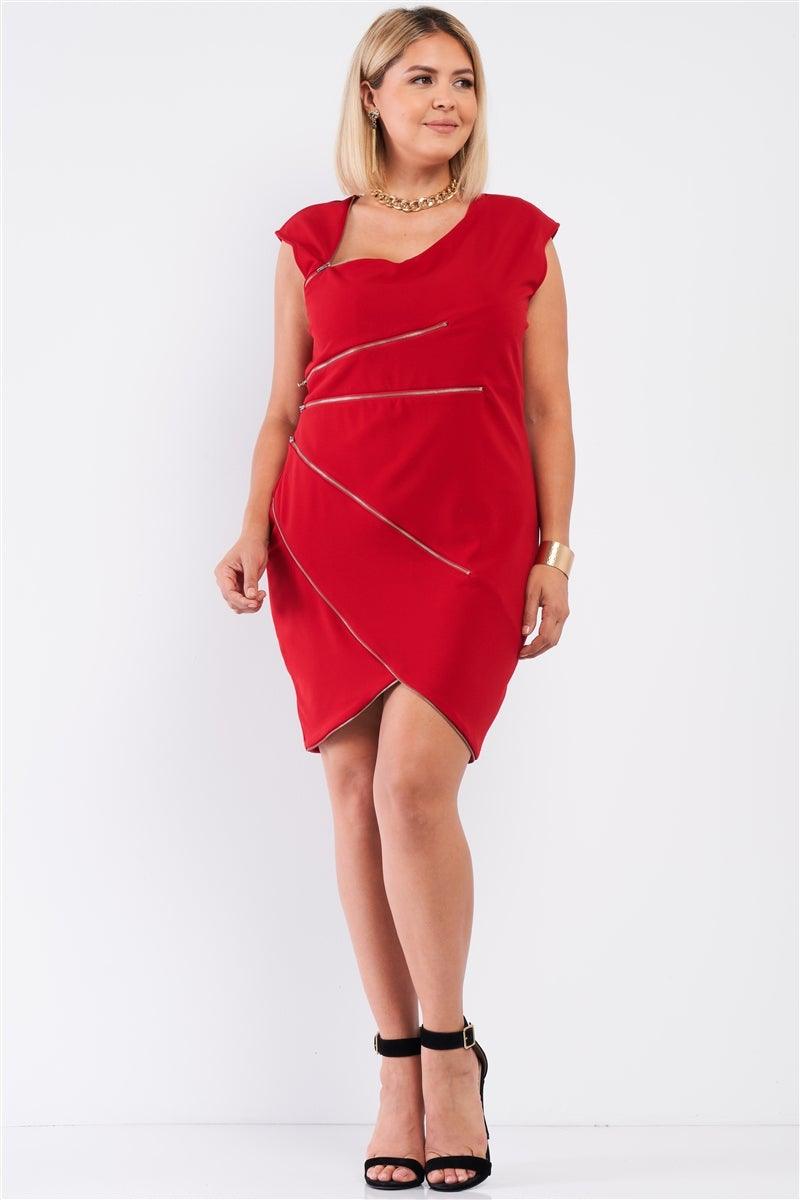 Plus Red Asymmetrical Neck Cross Zipper Front Detail Mini Dress - AM APPAREL