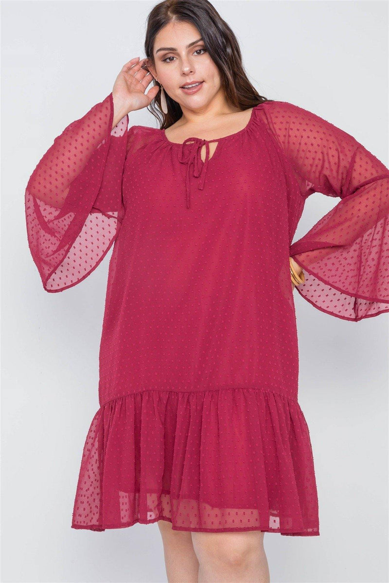 Plus Size Burgundy Bell Sleeves Shirred Dress - AM APPAREL
