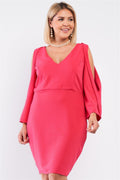 Plus Size Coral Pink Long Slit Sleeve Detail Mini Dress - AM APPAREL